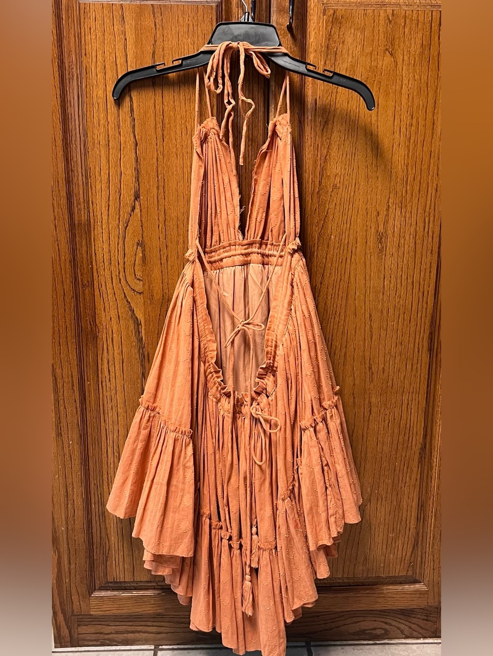 OLIA ZAVOZINA Terracotta Babydoll Dress S Distress Raw Hem Halter Boho Oversized